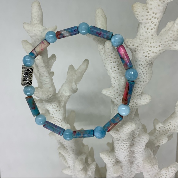 Hand Crafted Stretch Bracelet - Sea Sediment and Jade Beads - Picture 2 of 10